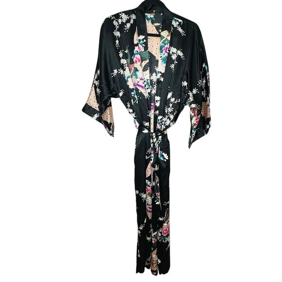 Kim + Ono Kimono Silky Maxi Robe Womens Floral Exotic Peacock Leisure Loungewear - Picture 11 of 16